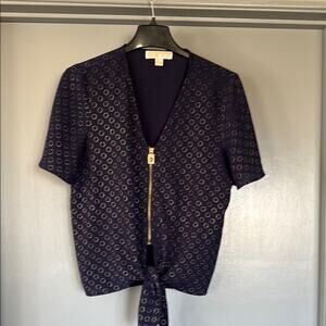 Michael Kors Navy Blue Short Sleeved Zip Tie Front V-Neck Top Gold Metallic sz M